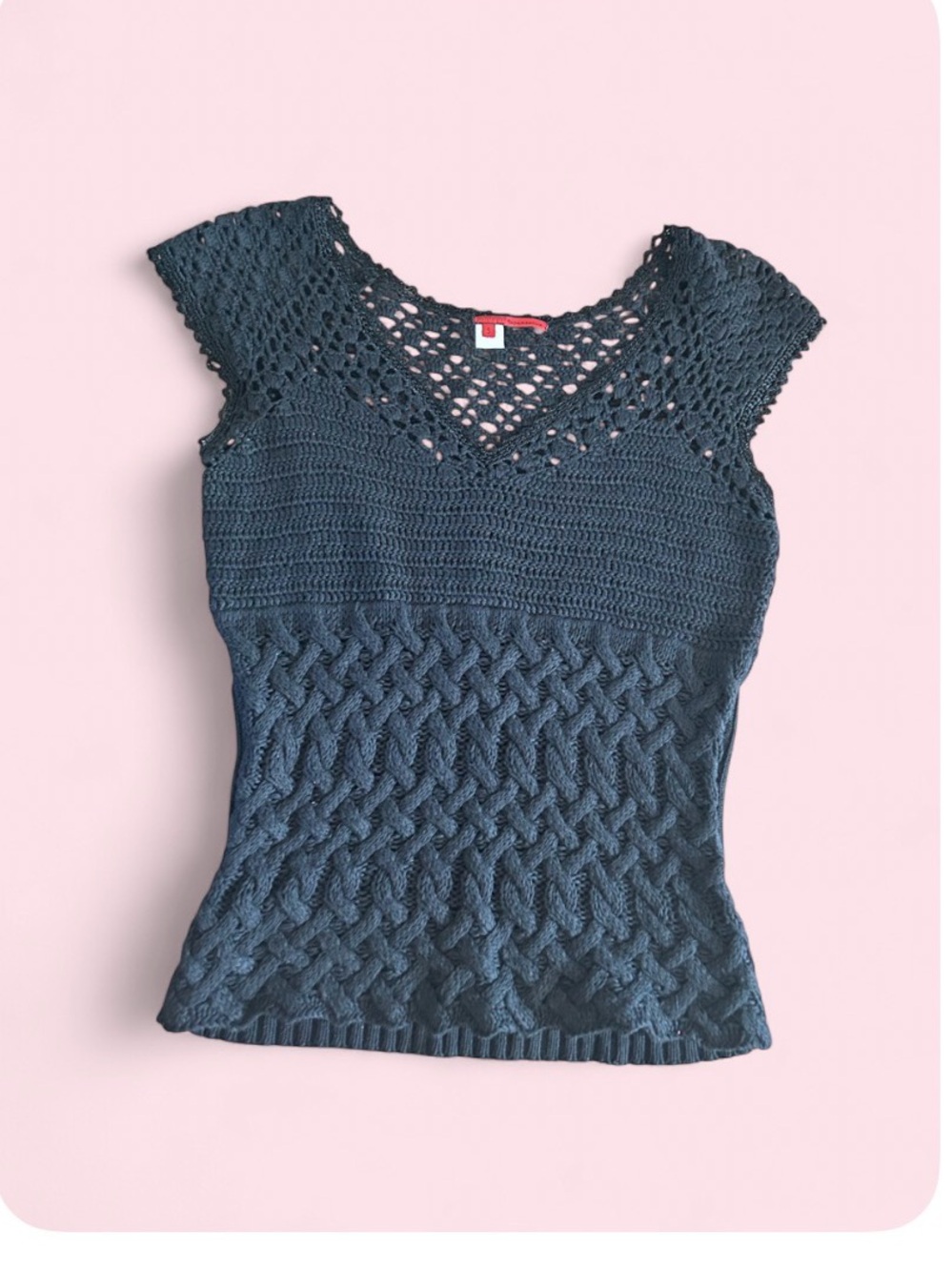 Vintage Y2k Tapemeasure Black Crochet Knit Top - Linen & Cotton blend - Small